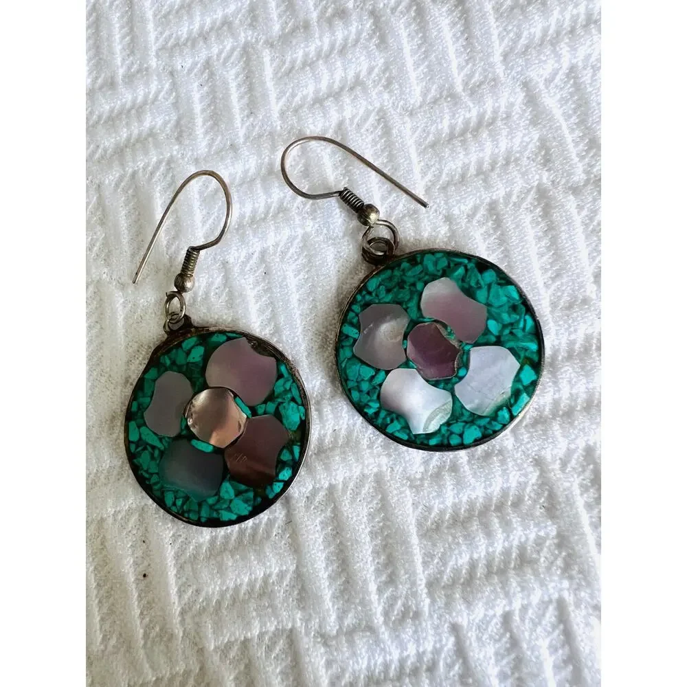 Vintage Mexican Alpaca Earrings Turquoise Abalone Inlay Round Floral Design - Picture 6 of 6